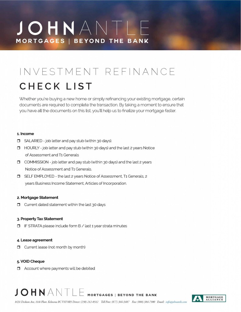 Kelowna Mortgage Broker John Antle Investment refinance checklist