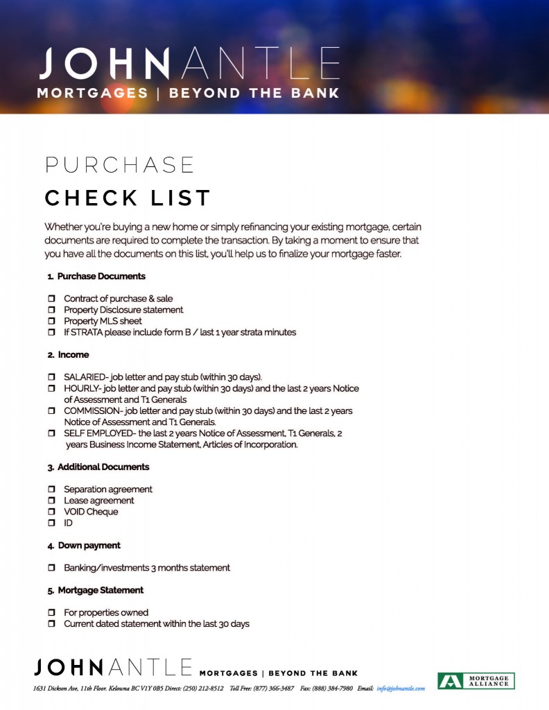 Kelowna Mortgage Broker John Antle Purchase checklist