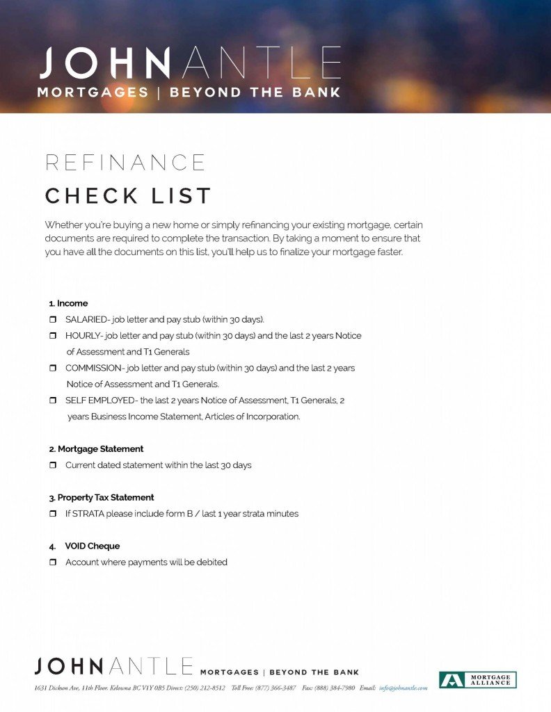 Kelowna Mortgage Broker John Antle Refinance checklist